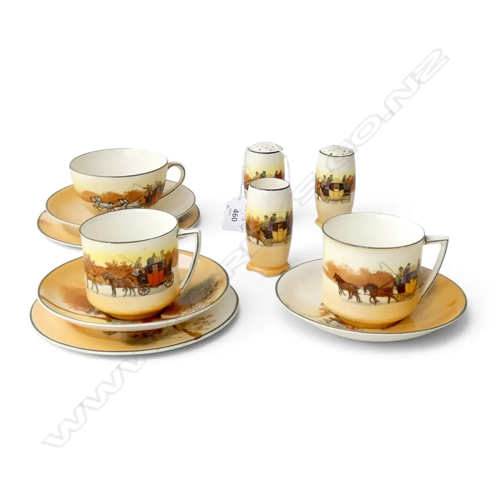 ASST. ROYAL DOULTON COACHING SCENE CHINA: 3 CUPS + 3 SAUCERS + 2 PLATES + 3 CONDIMENTS Image 1++