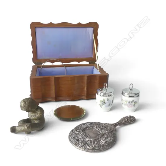 WOODEN JEWELLERY BOX W.280mm, 2 EGG CODDLERS, IRENE CARROLL BRONZE FIGURE H.95mm, STG SILVER HAND MIRROR AF