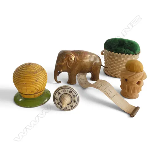 VICTORIAN SEWING ITEMS; IVORY TAPE MEASURE HOLDER, 3 PINCUSHIONS, ELEPHANT TAPE MEASURE, W.55mm 