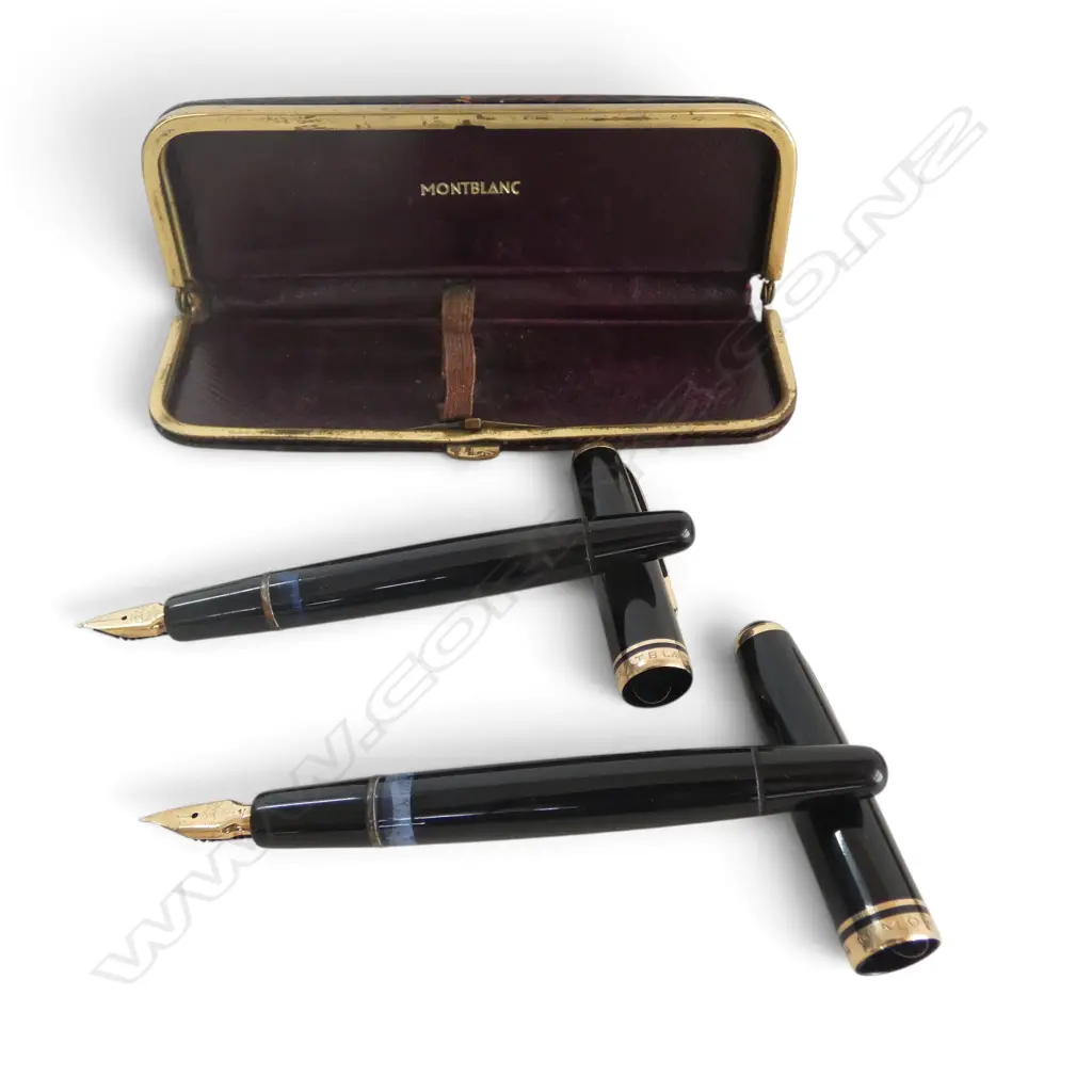 2 MONT BLANC 14CT NIB FOUNTAIN PENS IN ORIG. LEATHER CASE. 'AEG' INITIALS L.145mm Image 1++