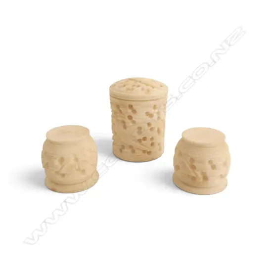 VICTORIAN FINELY CARVED BONE 2 THREAD HOLDERS & 1 THIMBLE CONTAINER, H.20mm H.30mm