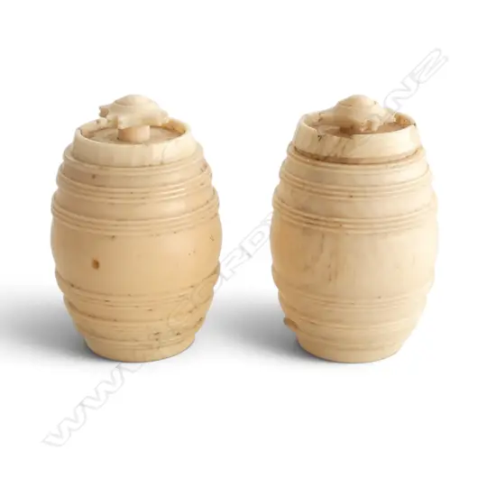 PAIR VICTORIAN CARVED IVORY SEWING THREAD HOLDERS SCREW ON LIDS, H.40mm
