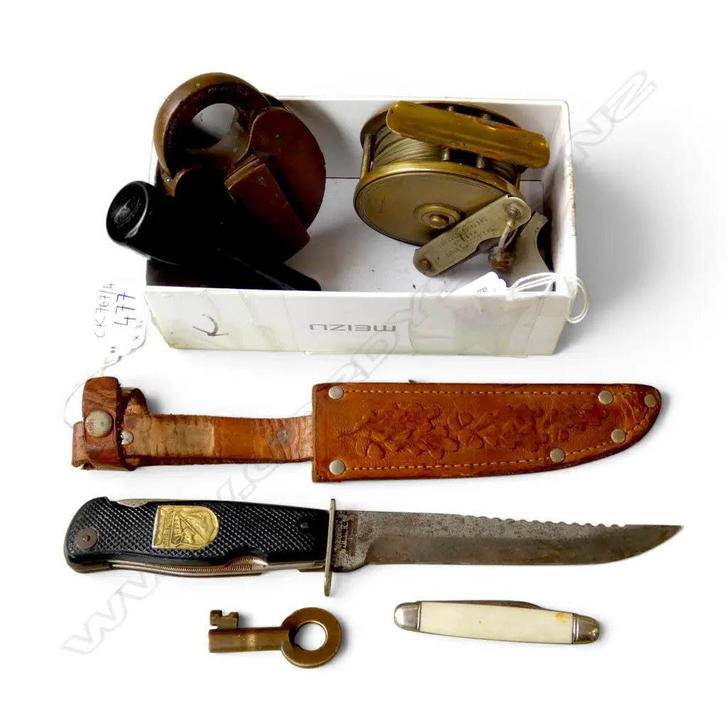 SOLINGEN KNIFE L.245mm, FISHING REEL, PADLOCK, WHISTLE, 2 POCKET KNIVES, SCREW DRIVER SET Image 1++
