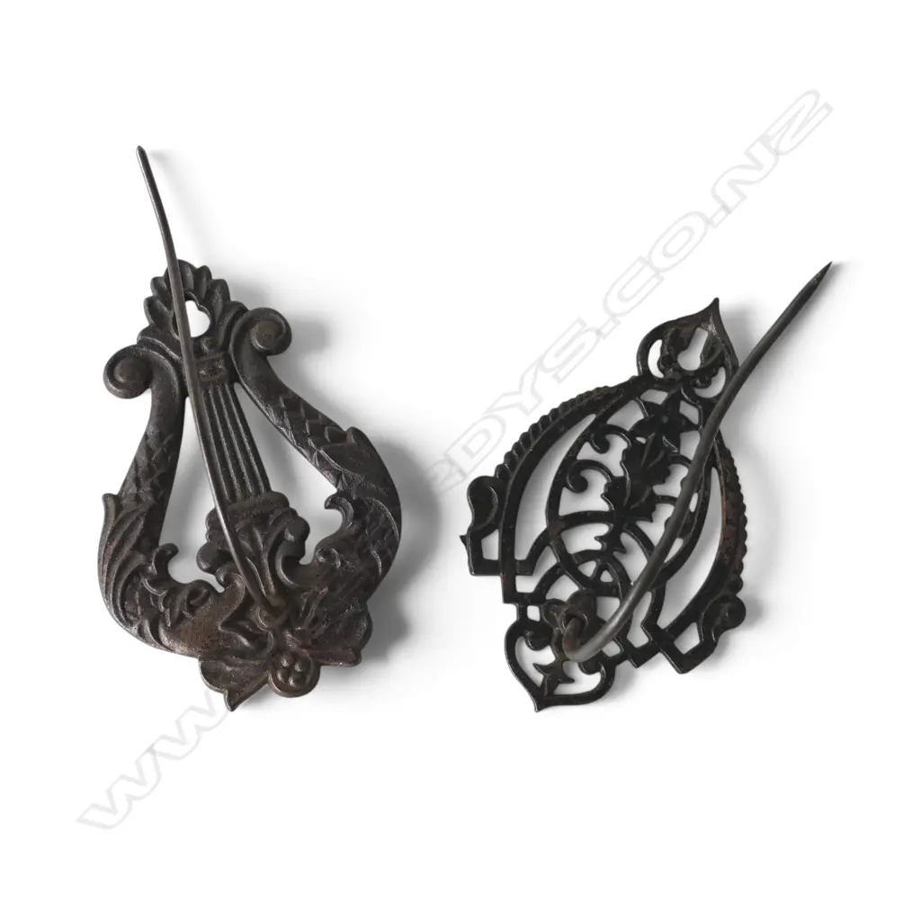 2 VICTORIAN CAST IRON WALL MOUNTED PAPER SPIKES, one w. patent Oct 19 '93, L.145mm-150mm Image 1++