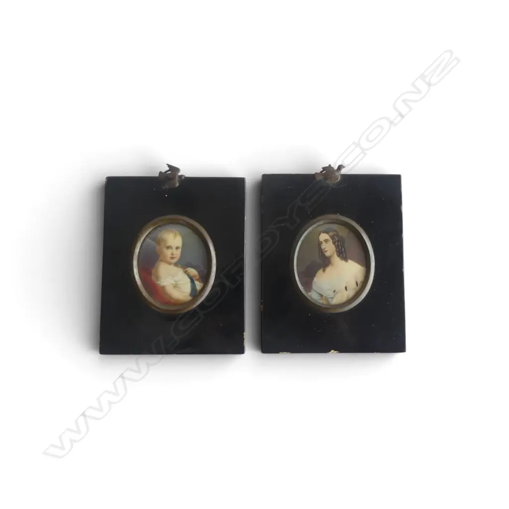 2 ANTIQUE HAND-PAINTED PORTRAIT MINIATURES ON IVORY 60x50mm Image 1++