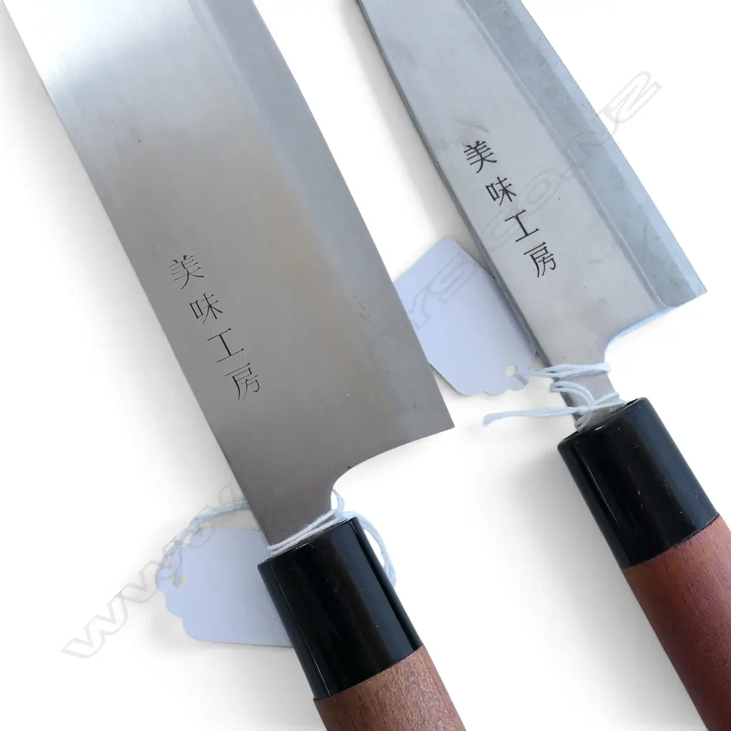 JAPANESE STAINLESS STEEL CHEF'S CLEAVER & KNIFE both signed to blade Image 1++