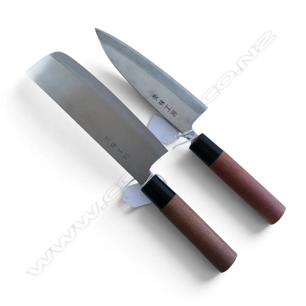 JAPANESE STAINLESS STEEL CHEF'S CLEAVER & KNIFE both signed to blade Image 1++
