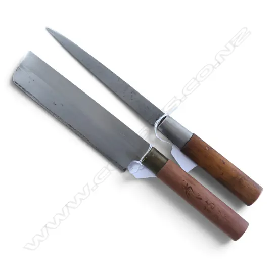 2 JAPANESE CHEF'S KNIVES; LAMINATED CARBON & STAINLESS STEEL CLEAVER, SIGNED & FILLETING KNIFE