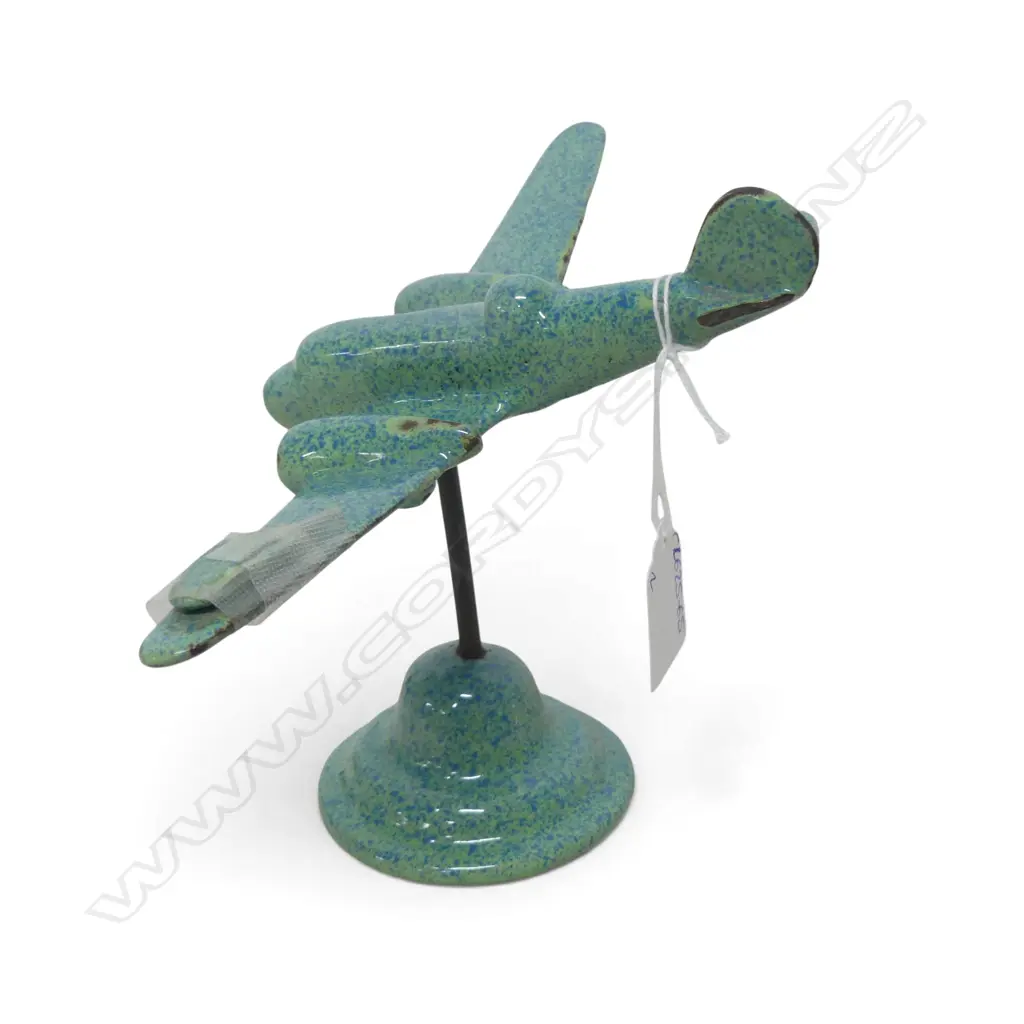 VINTAGE ALUMINIUM AEROPLANE ON BESPOKE METAL & WHITE GLASS STAND + ENAMEL AEROPLANE needs repair H.935mm Image 1++