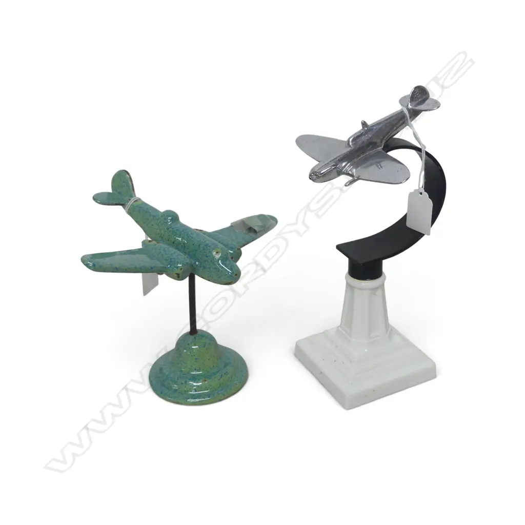 VINTAGE ALUMINIUM AEROPLANE ON BESPOKE METAL & WHITE GLASS STAND + ENAMEL AEROPLANE needs repair H.935mm Image 1++