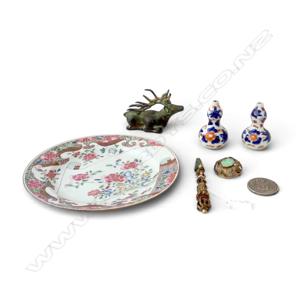 6 ORIENTAL ITEMS; FAMILLE ROSE PLATE w. OLD STAPLE REPAIR 225mm dia, PR DOUBLE GOURD VASES H.80mm, BRONZE DEER ETC Image 1++