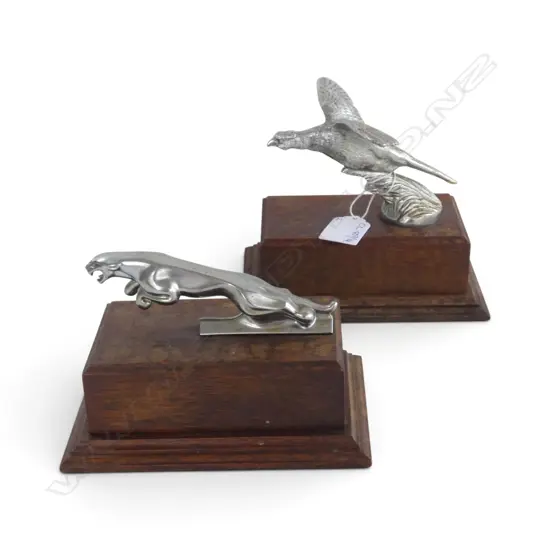 2 SILVER METAL CAR MASCOTS; JAGUAR & PHEASANT H.130mm