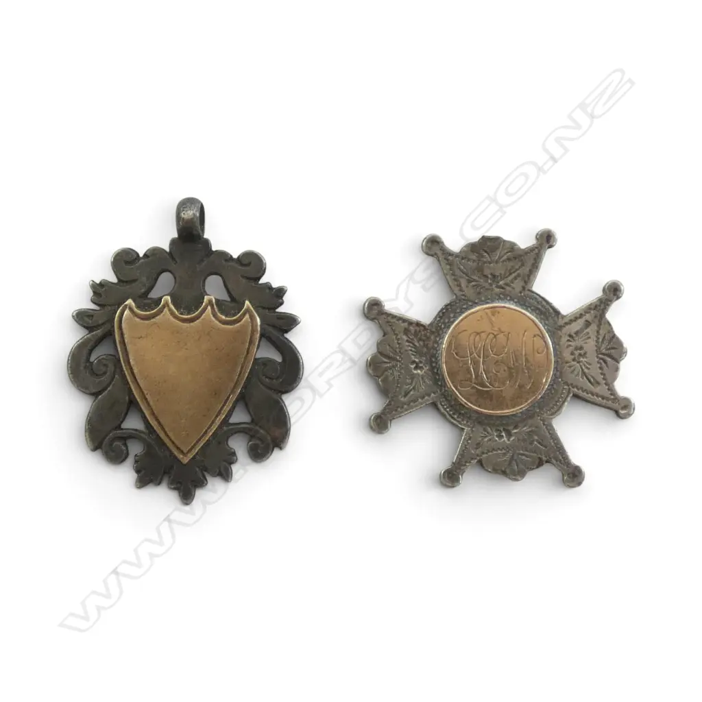 2 STG SILVER & 9ct FOB MEDALLIONS 27gms Image 1++