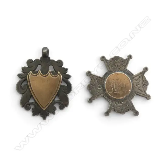 2 STG SILVER & 9ct FOB MEDALLIONS 27gms