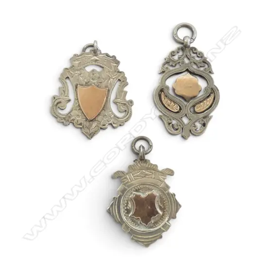 3 STG SILVER & 9ct FOB MEDALLIONS 18.92gms