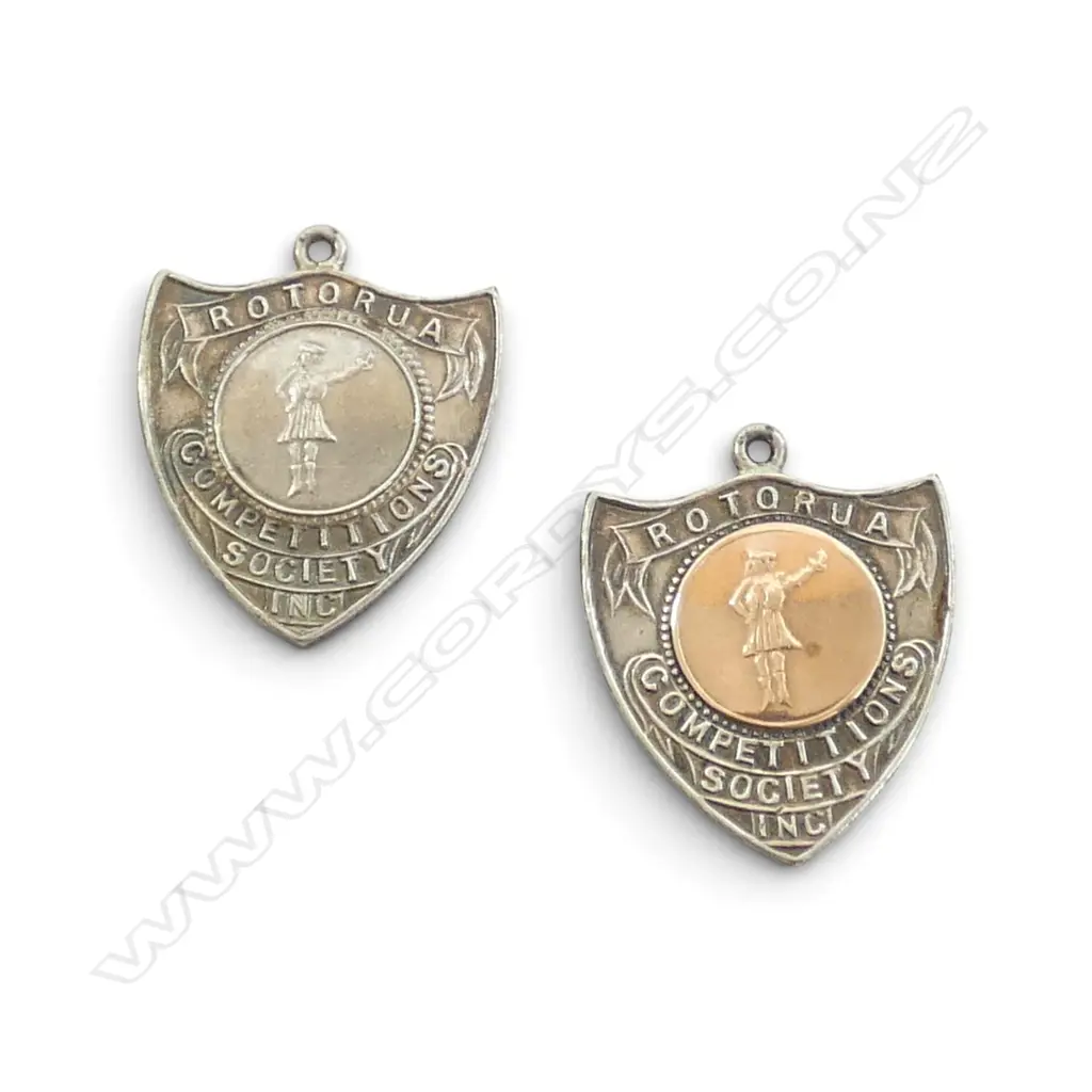 2 STG SILVER N.Z. ROTORUA COMPETITION SOCIETY INC FOB MEDALLIONS one w. 9ct shield 18gms Image 1++