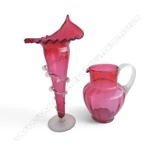 RUBY GLASS JUG & VASE (CHIPS) H.345mm