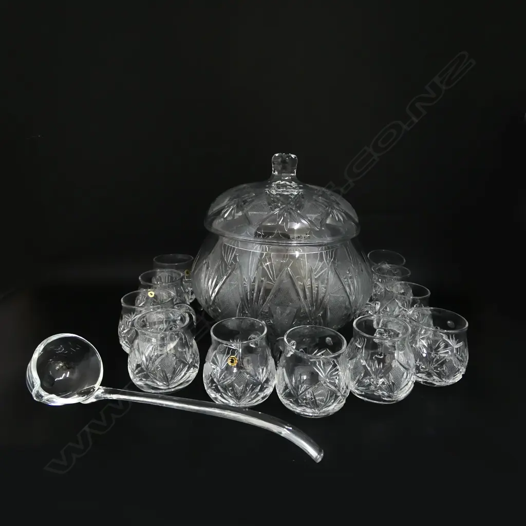 VINTAGE CUT CRYSTAL PUNCH BOWL SET INCL.12 CUPS, & LADLE,  H.300 D.260MM Image 1++