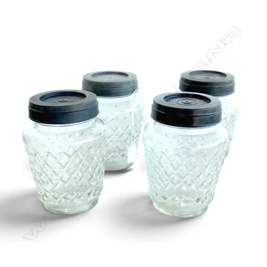 4 VINTAGE LIDDED CAST GLASS JARS H.185mm