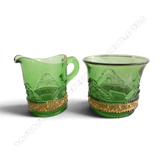 1911 Waikato Show Green Glass Milk & Sugar, Souvenir Coronation of King George 1911, H.60mm