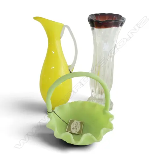 MID CENTURY YELLOW GLASS JUG H340  GLASS VASE H370 & GREEN GLASS BASKET H180MM