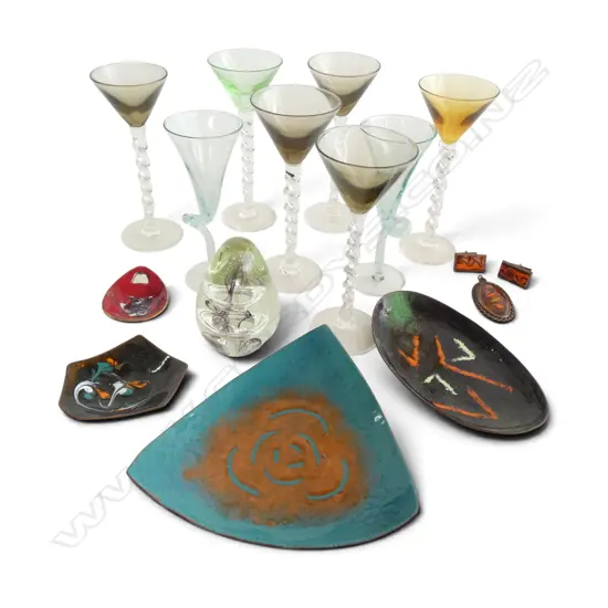 8 DRINKING GLASSES H.140mm, ART GLASS PAPERWEIGHT, ENAMEL DISHES ETC