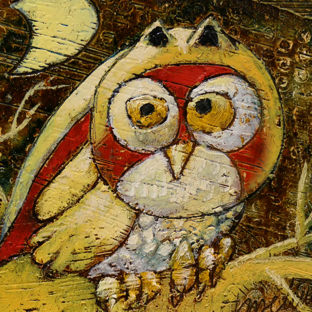 FRANCO ANSELMI, OWL, MIXED MEDIA ON BOARD, SIGNED, 190x190mm Image 1++