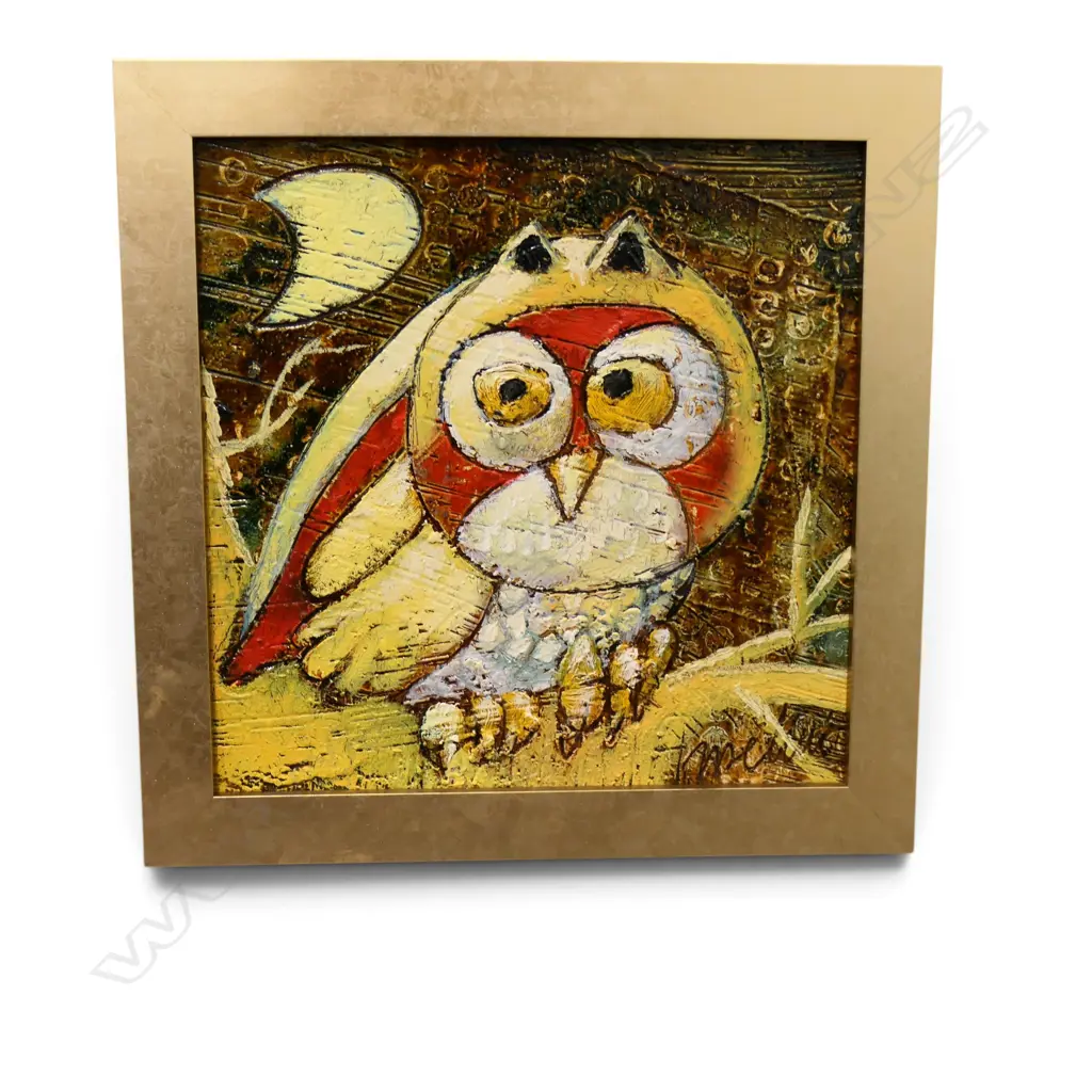 FRANCO ANSELMI, OWL, MIXED MEDIA ON BOARD, SIGNED, 190x190mm Image 1++