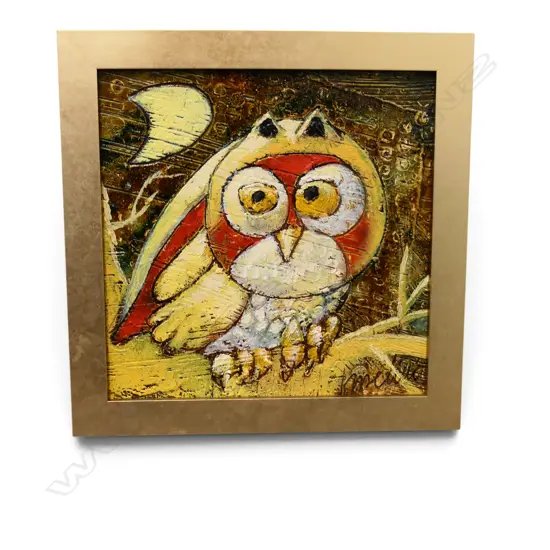 FRANCO ANSELMI, OWL, MIXED MEDIA ON BOARD, SIGNED, 190x190mm