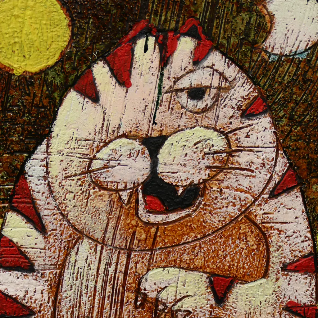 FRANCO ANSELMI, CAT, MIXED MEDIA ON BOARD, SIGNED, 190x200mm Image 1++