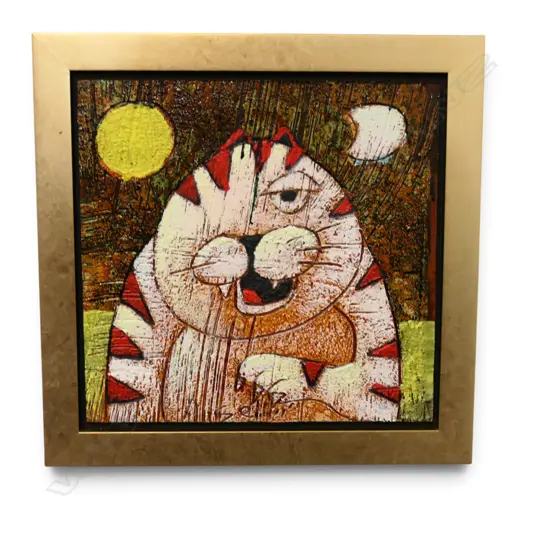 FRANCO ANSELMI, CAT, MIXED MEDIA ON BOARD, SIGNED, 190x200mm