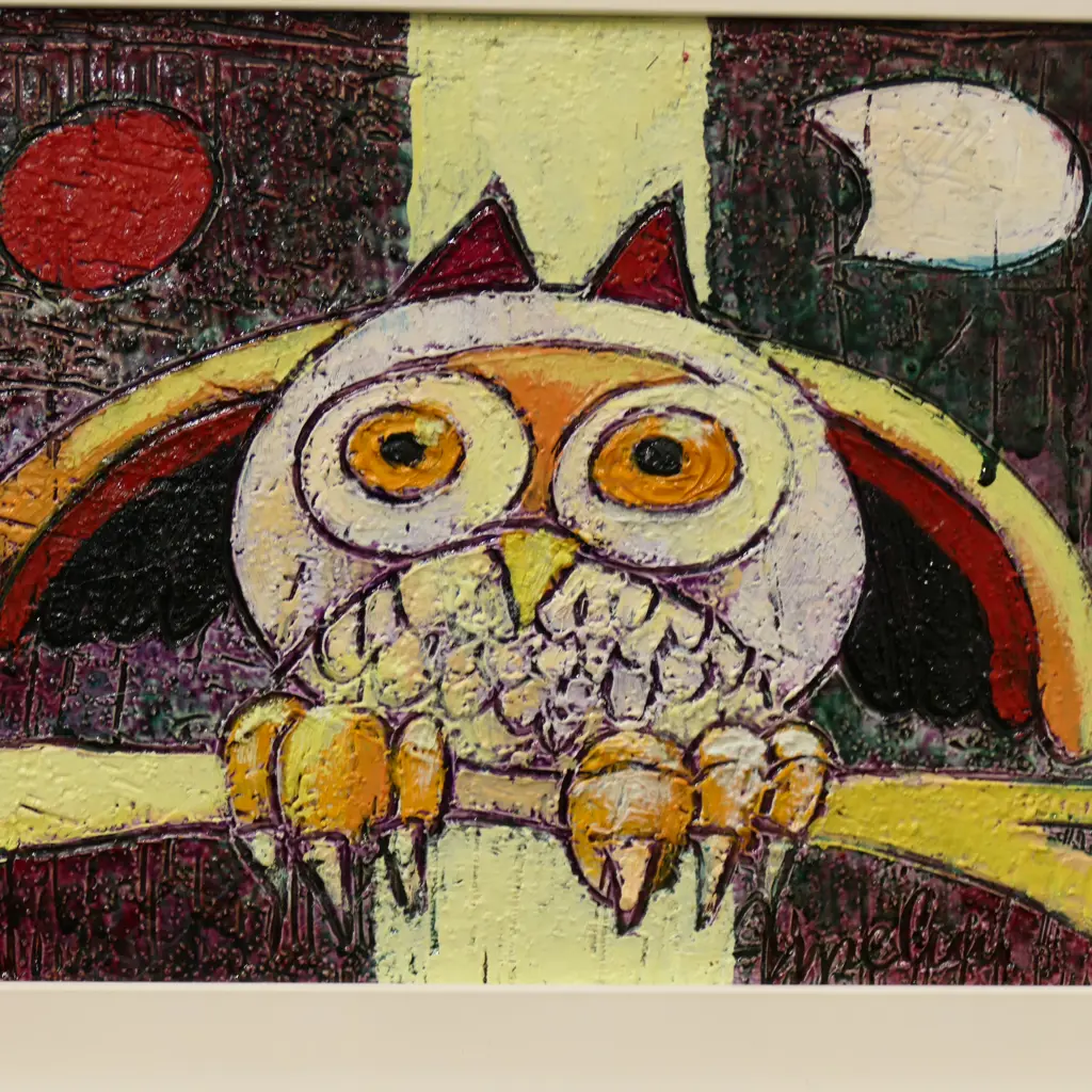 FRANCO ANSELMI, OWL, MIXED MEDIA ON BOARD, SIGNED, 170x220mm Image 1++