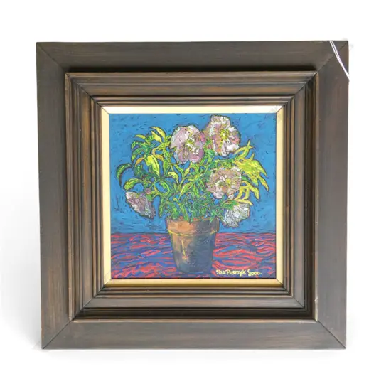 ILSA POSMYK 'ROCK ROSES' ACRYLIC ON BOARD, SIGNED & DATED 2000 165x165mm
