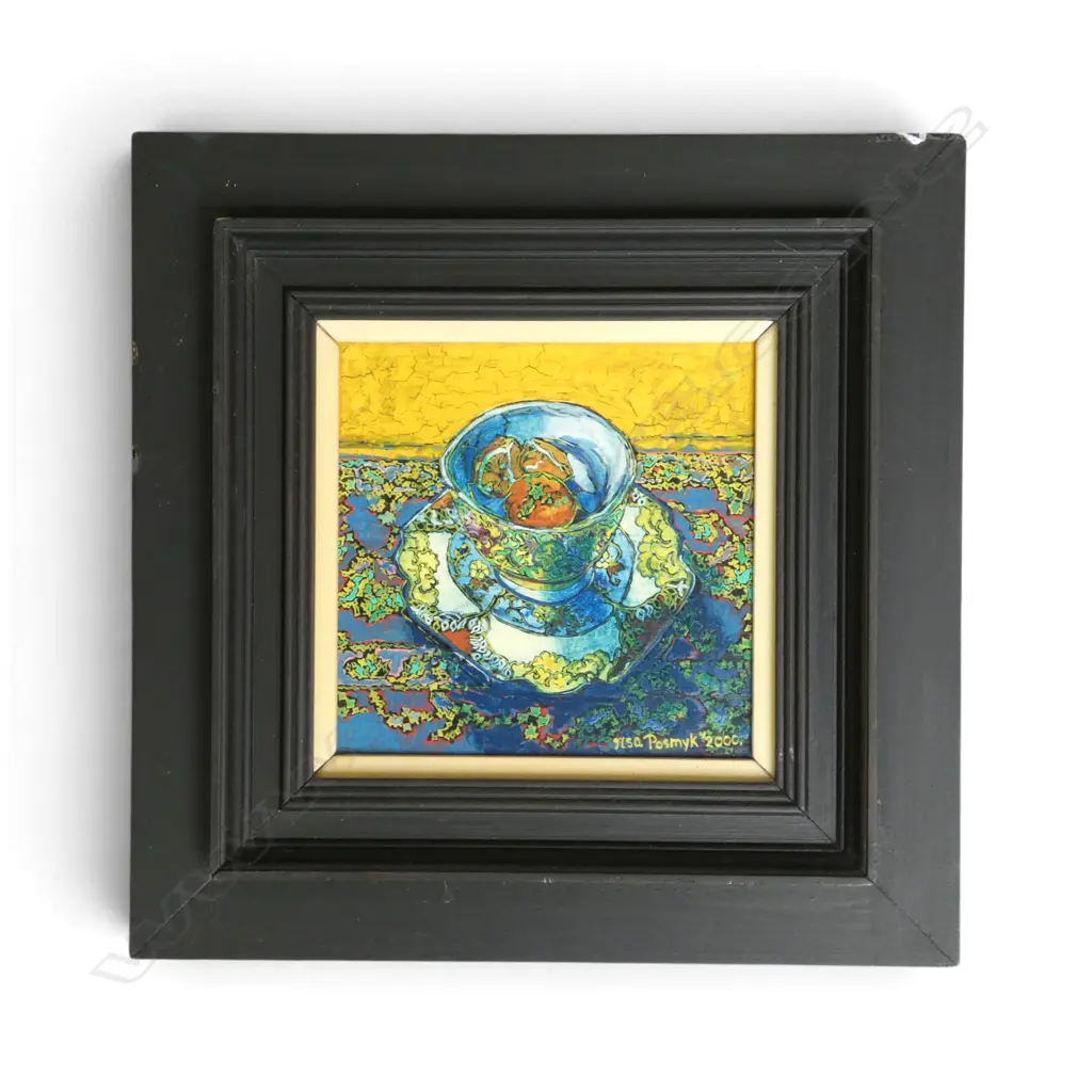 ILSA POSMYK 'MANDARINS ON DECO PLATE' ACRYLIC ON BOARD, SIGNED & DATED 2000 140x140mm Image 1++