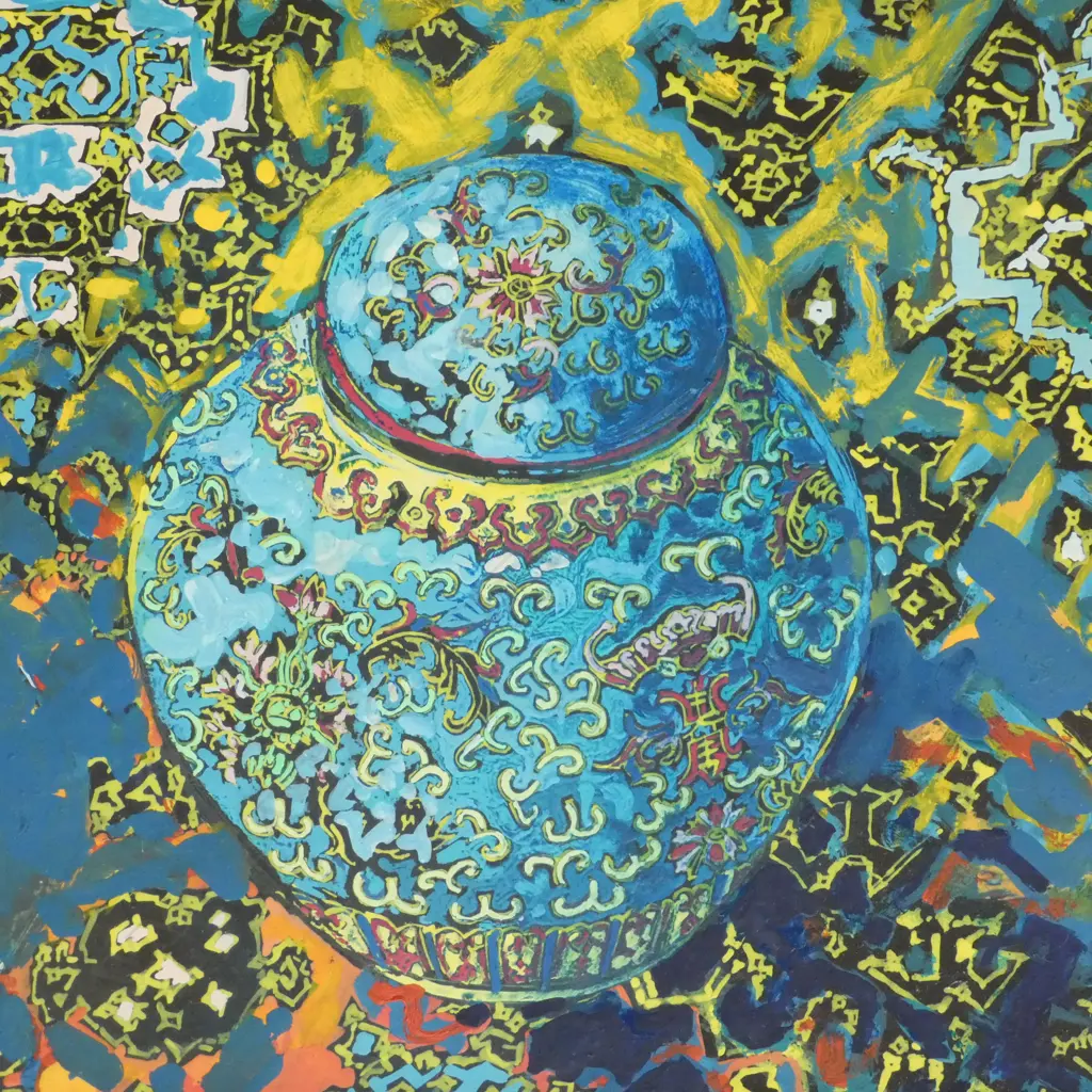 ILSA POSMYK 'TURQUOISE GINGER JAR' ACRYLIC ON BOARD, SIGNED & DATED 2000 175x300mm Image 1++