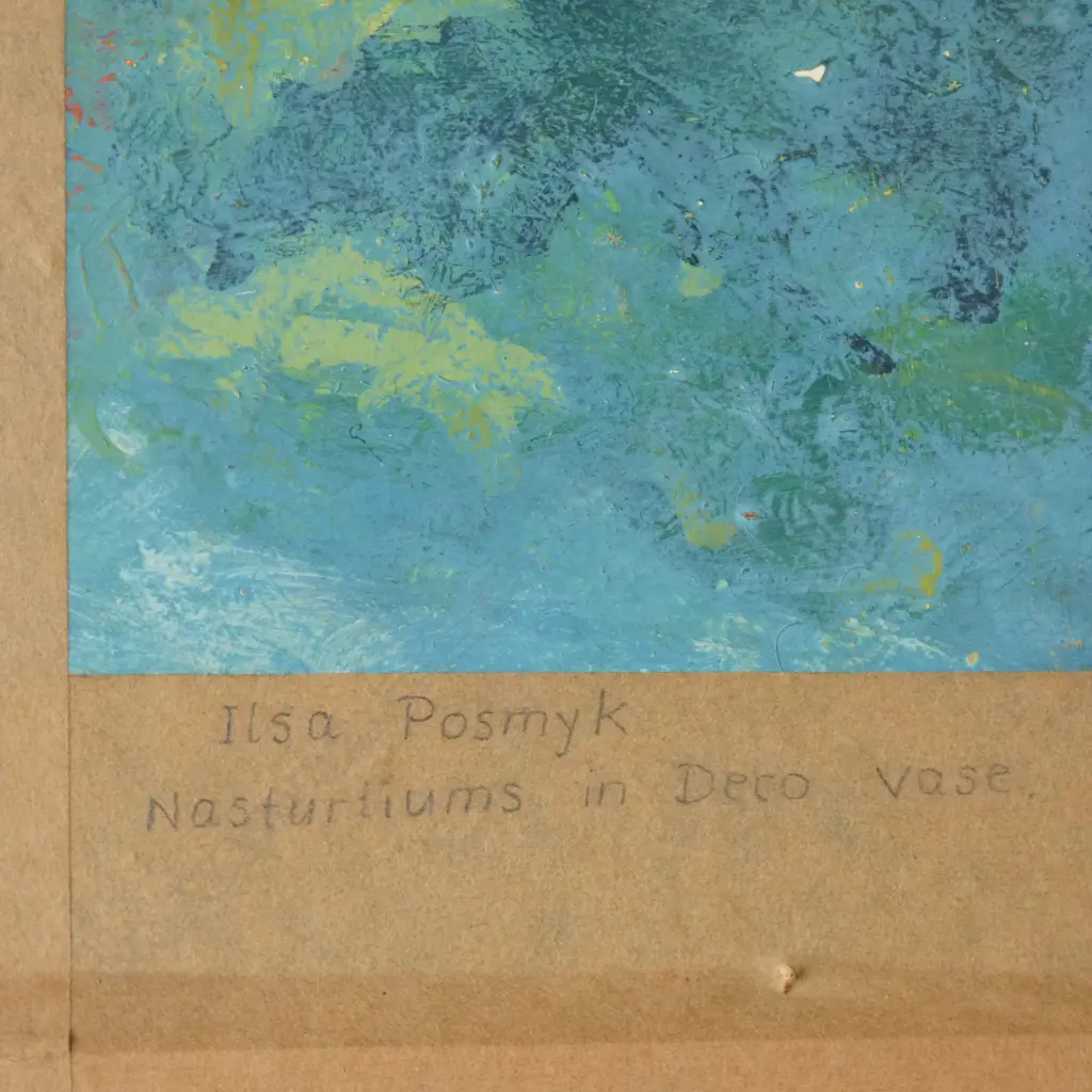 ILSA POSMYK 'NASTURTIUMS IN DECO VASE' ACRYLIC ON BOARD, SIGNED & DATED 2001 210x210mm Image 1++