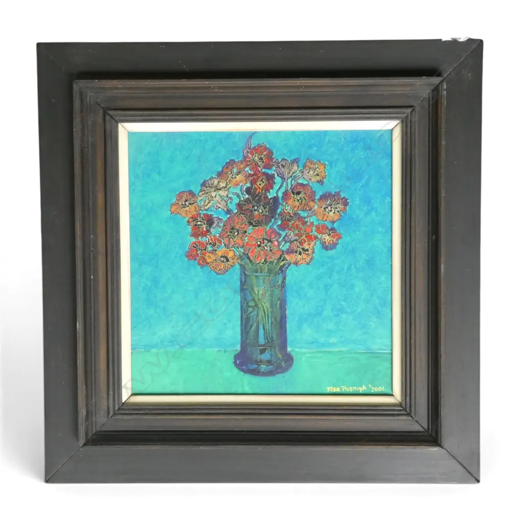 ILSA POSMYK 'NASTURTIUMS IN DECO VASE' ACRYLIC ON BOARD, SIGNED & DATED 2001 210x210mm Image 1++