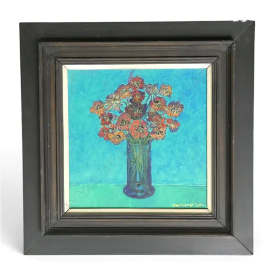 ILSA POSMYK 'NASTURTIUMS IN DECO VASE' ACRYLIC ON BOARD, SIGNED & DATED 2001 210x210mm