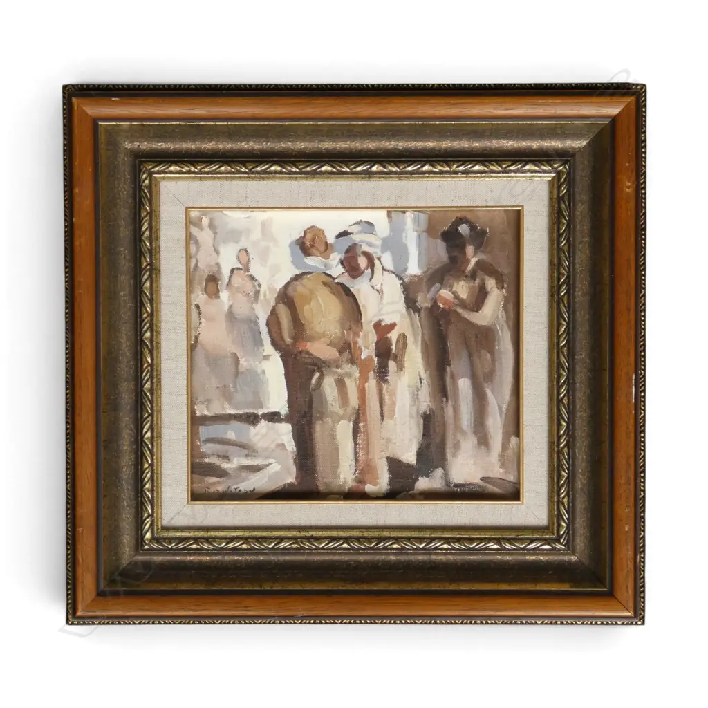 R. B WATSON, 'THE AUCTION', OIL ON BOARD, SIGNED AND TITLED VERSO, 185 X 210mm Image 1++