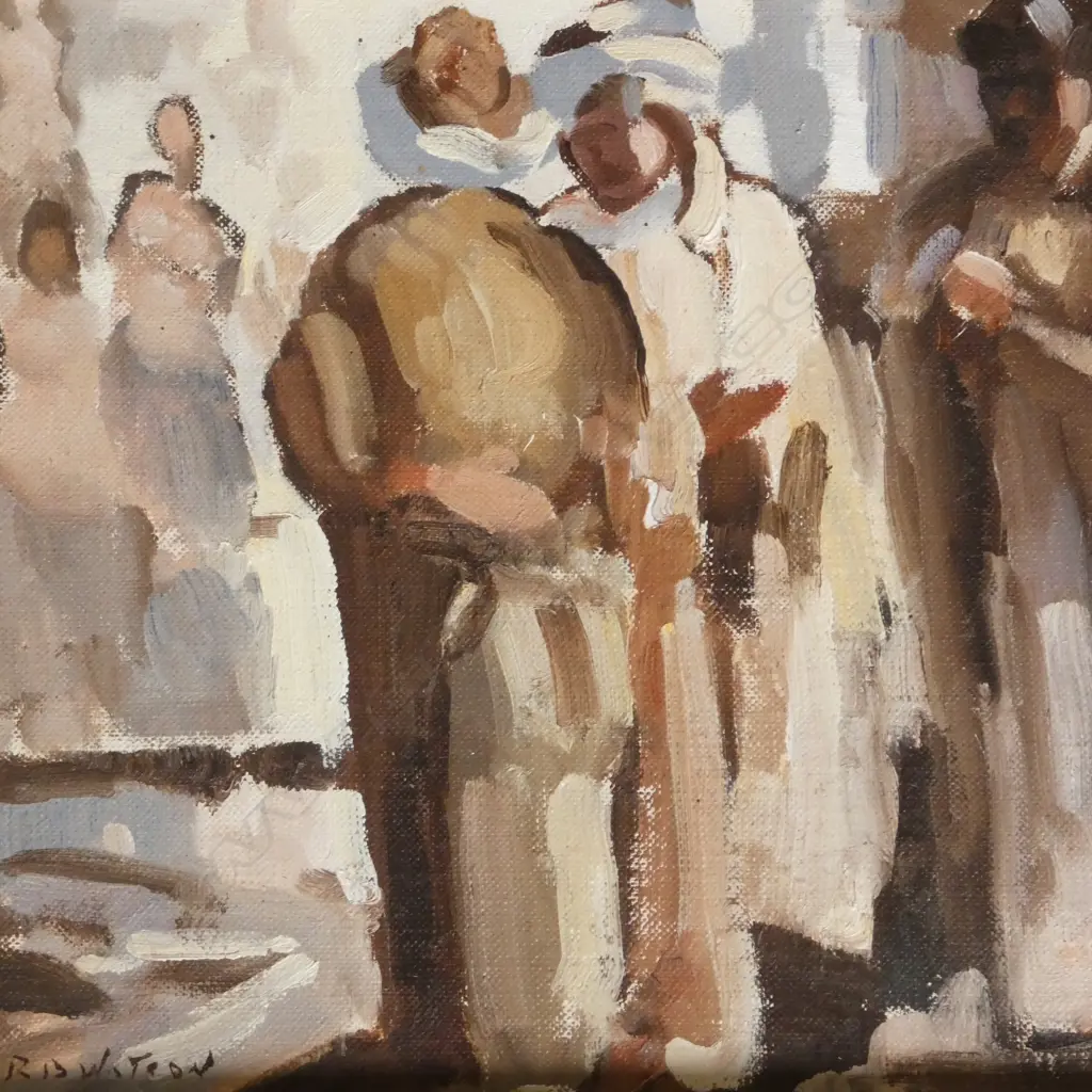 R. B WATSON, 'THE AUCTION', OIL ON BOARD, SIGNED AND TITLED VERSO, 185 X 210mm Image 1++