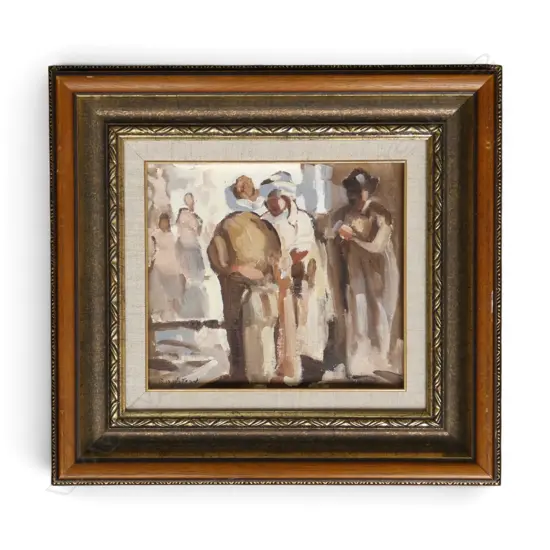 R. B WATSON, 'THE AUCTION', OIL ON BOARD, SIGNED AND TITLED VERSO, 185 X 210mm