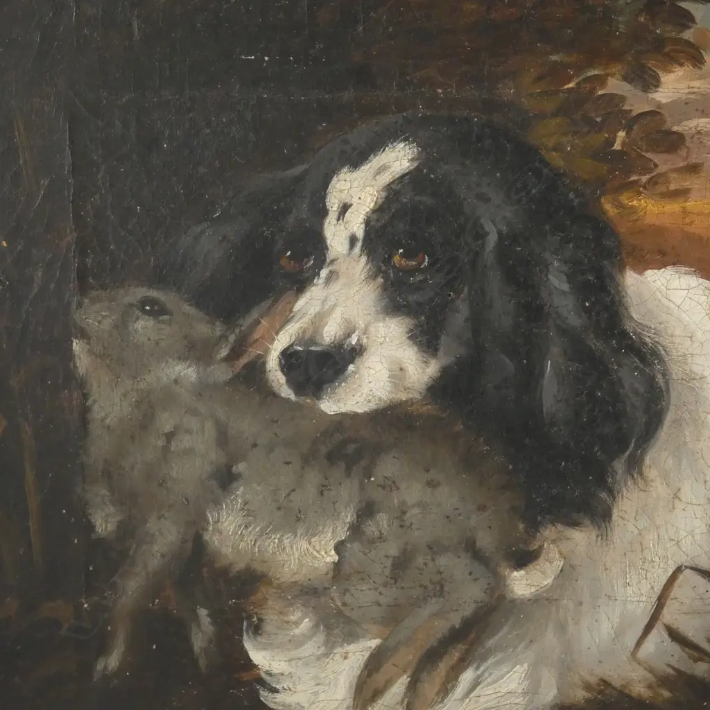 ANTIQUE ARTIST UNKNOWN, HUNTING DOG w. RABBIT IN MOUTH, OIL ON BOARD 240x325mm Image 1++