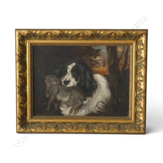 ANTIQUE ARTIST UNKNOWN, HUNTING DOG w. RABBIT IN MOUTH, OIL ON BOARD 240x325mm