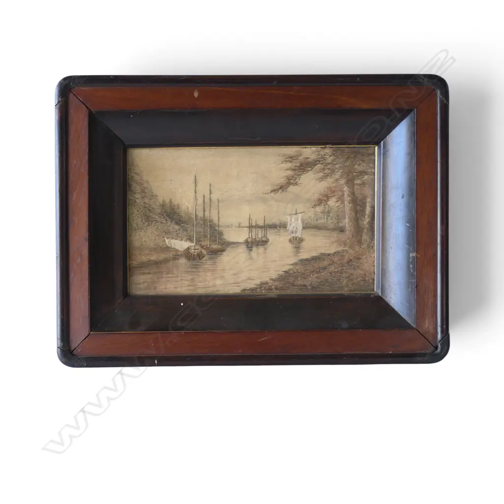 ANTIQUE NEEDLEWORK; SAIL BOATS IN TREED LANDSCAPE 175x295mm Image 1++