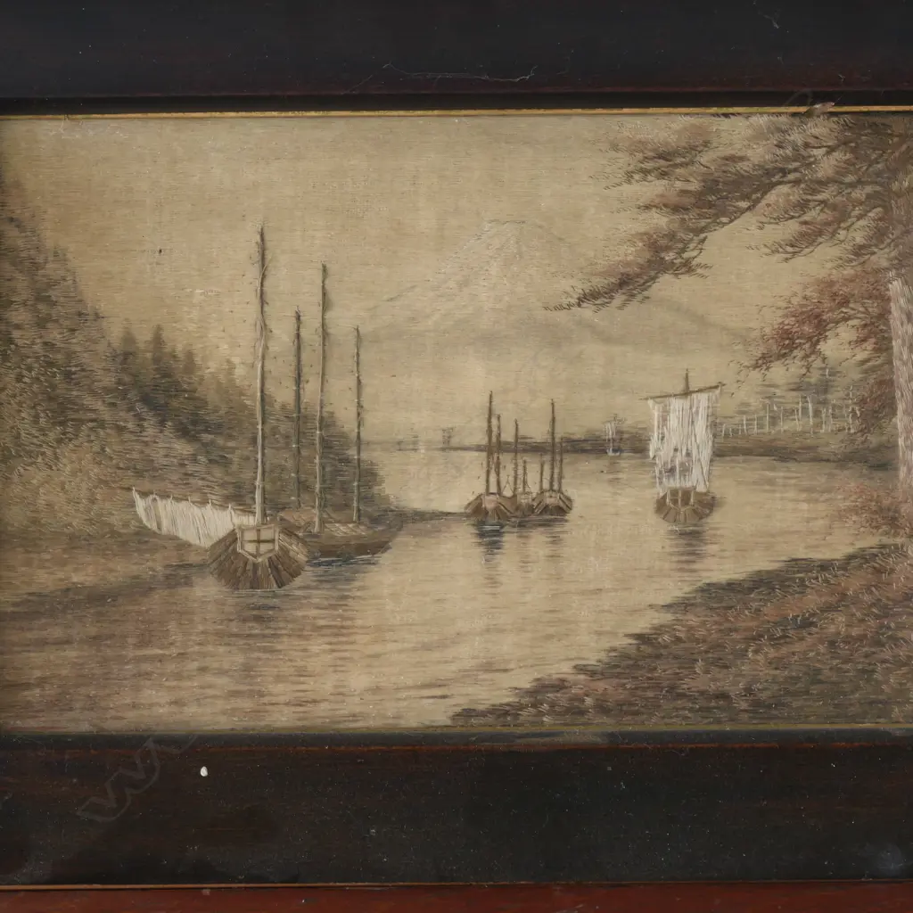 ANTIQUE NEEDLEWORK; SAIL BOATS IN TREED LANDSCAPE 175x295mm Image 1++