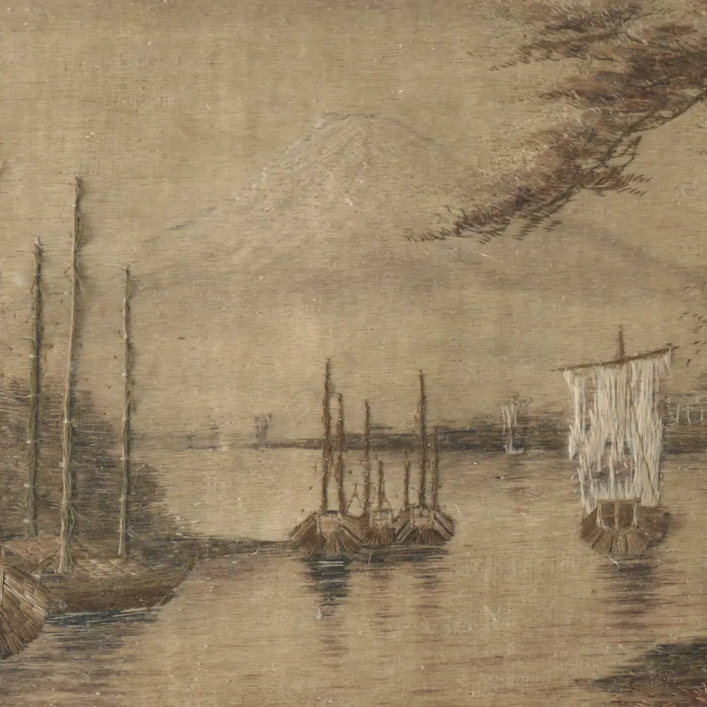 ANTIQUE NEEDLEWORK; SAIL BOATS IN TREED LANDSCAPE 175x295mm Image 1++