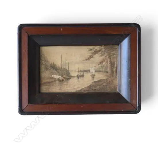 ANTIQUE NEEDLEWORK; SAIL BOATS IN TREED LANDSCAPE 175x295mm