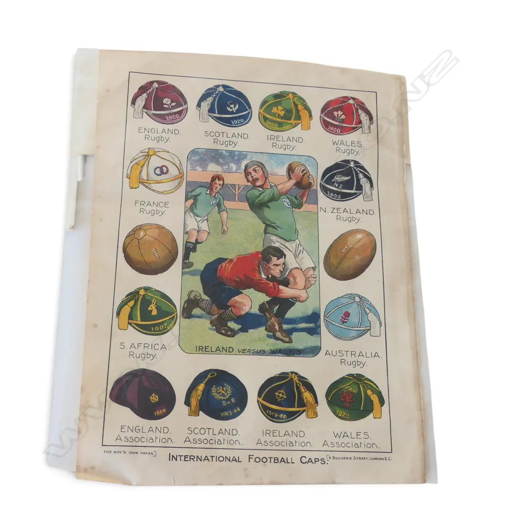 4 MATTED AND 1 LOOSE PAGE OF FOOTBALL COLOURS & CRICKET CAPS FROM BOYS OWN ILLUSTRATED (All FOXED) 260 x 360mm  LARGEST Image 1++