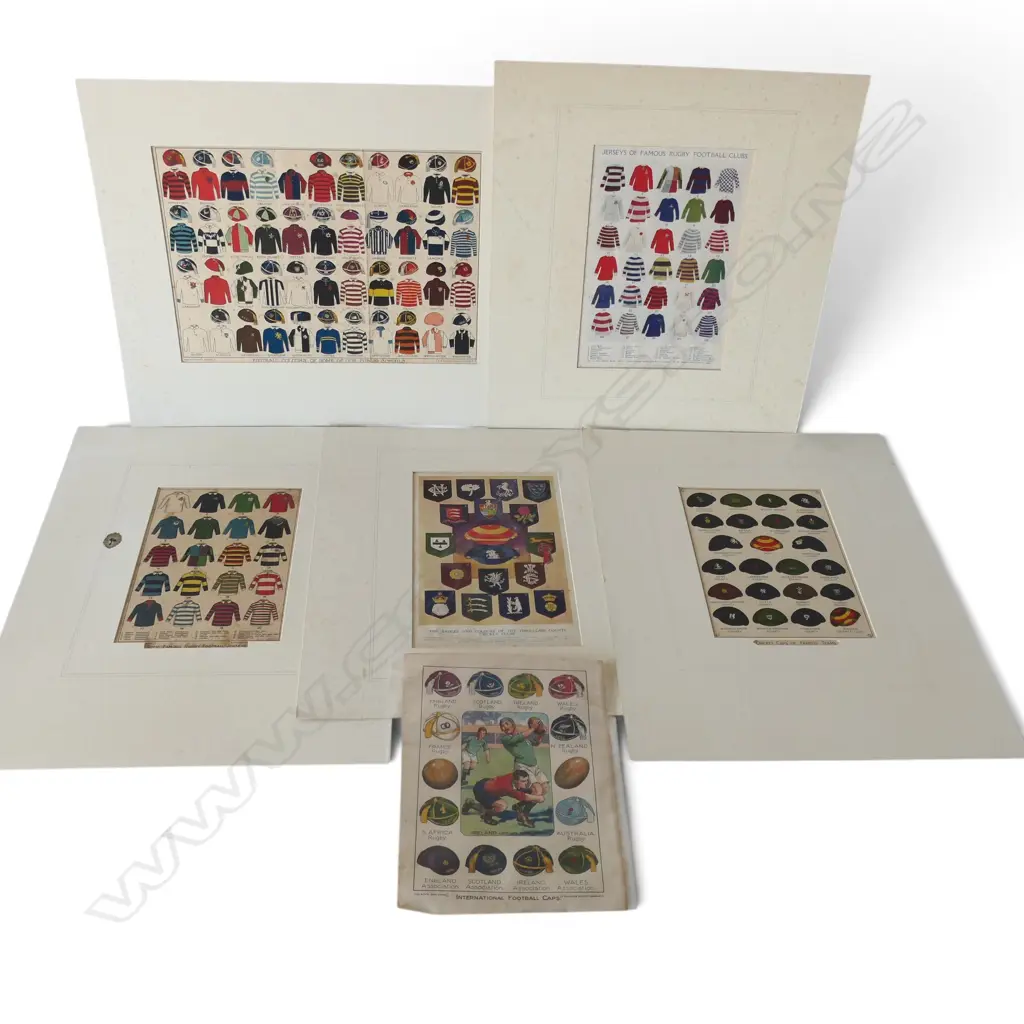 4 MATTED AND 1 LOOSE PAGE OF FOOTBALL COLOURS & CRICKET CAPS FROM BOYS OWN ILLUSTRATED (All FOXED) 260 x 360mm  LARGEST Image 1++