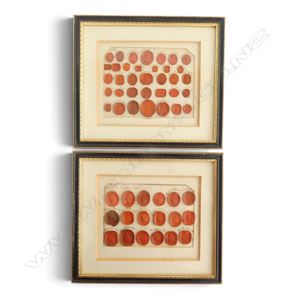 2 FRAMED ANTIQUE RED WAX SEAL DISPLAYS 175x220mm Image 1++